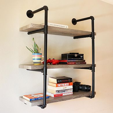 Sunnydaze 3-Tier Industrial Style Wall Bookshelf with Black Pipe Frame
