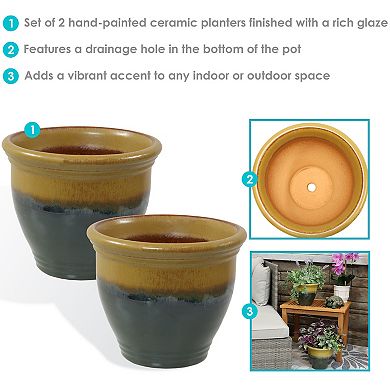 Sunnydaze 9 in Studio Glazed Ceramic Planter - Forest Lake Green - Set of 2