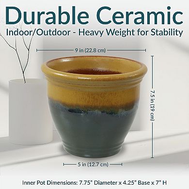 Sunnydaze 9 in Studio Glazed Ceramic Planter - Forest Lake Green - Set of 2