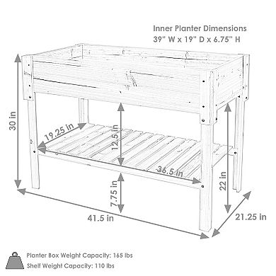 Sunnydaze 42" Raised Wooden Garden Bed Planter Box with Lower Shelf