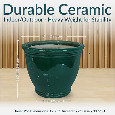 Sunnydaze 15 in Studio High-Fired Glazed Ceramic Planter - Dark Green