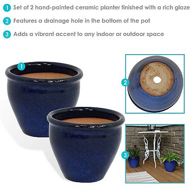 Sunnydaze 9 in Chalet Glazed Ceramic Planter - Imperial Blue - Set of 2