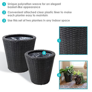 Sunnydaze Polyrattan Indoor Round Planter - Black - 14.5 in, 11.75 in