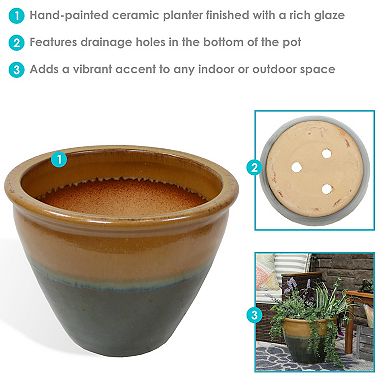 Sunnydaze 14.5 in Chalet Glazed Ceramic Planter - Forest Lake Green