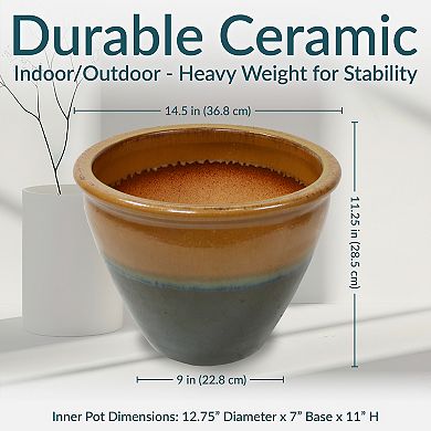 Sunnydaze 14.5 in Chalet Glazed Ceramic Planter - Forest Lake Green