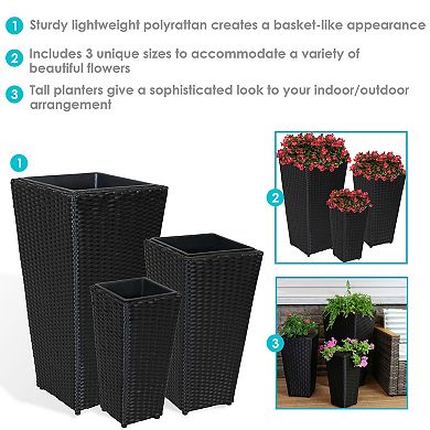 Sunnydaze Polyrattan Tall Square Planter - 9 in, 11.5 in, 15 in - Set of 3