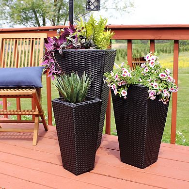 Sunnydaze Polyrattan Tall Square Planter - 9 in, 11.5 in, 15 in - Set of 3