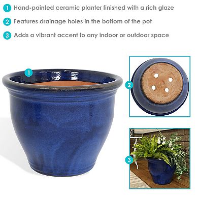 Sunnydaze 18.5 in Studio High-Fired Glazed Ceramic Planter - Imperial Blue