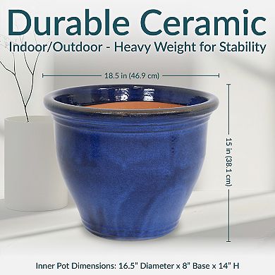 Sunnydaze 18.5 in Studio High-Fired Glazed Ceramic Planter - Imperial Blue
