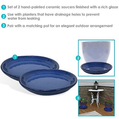 Sunnydaze 9 in Glazed Ceramic Flower Pot/Plant Saucer - Blue - Set of 4