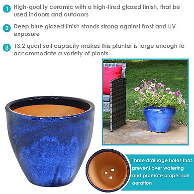 Sunnydaze 13.5 in Resort High-Fired Glazed Ceramic Planter - Imperial Blue