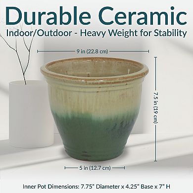 Sunnydaze 9 in Studio Glazed Ceramic Planter - Seafoam - Set of 2