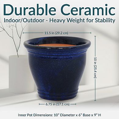 Sunnydaze 11 in Studio Glazed Ceramic Planter - Imperial Blue - Set of 2