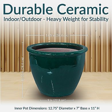 Sunnydaze 14.5 in Chalet High-Fired Glazed Ceramic Planter - Dark Green