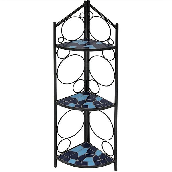 Sunnydaze Black Steel/blue Mosaic Shelves 3tier Corner Plant Stand 44 In
