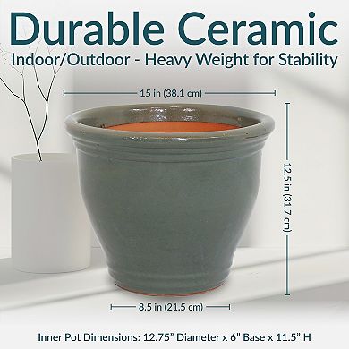 Sunnydaze 15 in Studio High-Fired Glazed Ceramic Planter - Gray