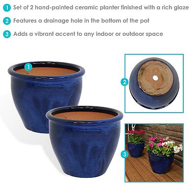 Sunnydaze 12 in Chalet Glazed Ceramic Planter - Imperial Blue - Set of 2