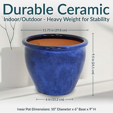 Sunnydaze 12 in Chalet Glazed Ceramic Planter - Imperial Blue - Set of 2