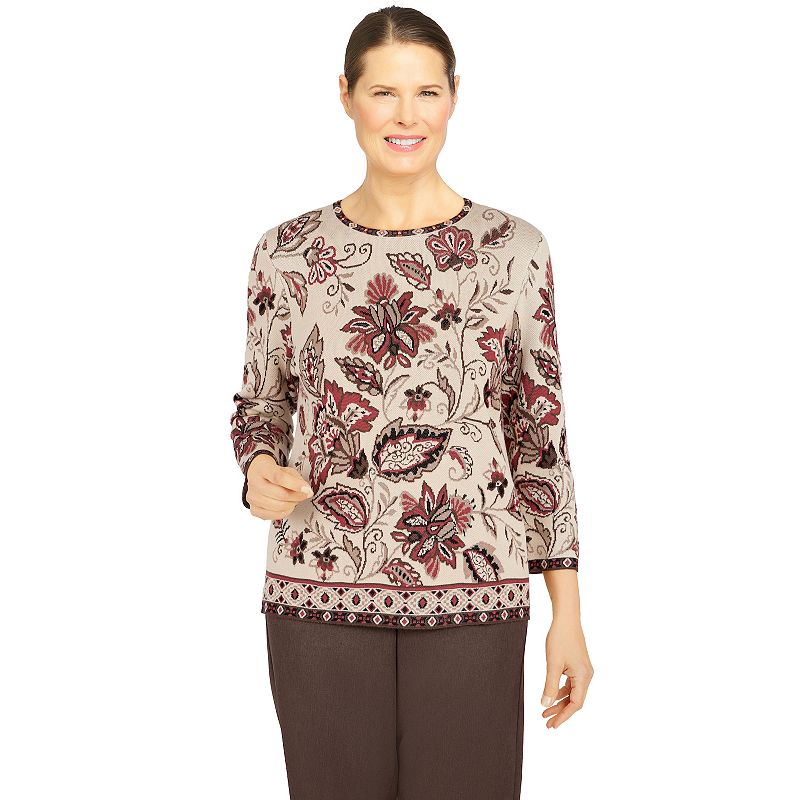 Womens Alfred Dunner Sorrento Floral Jacquard Geometric Trim Sweater, Size