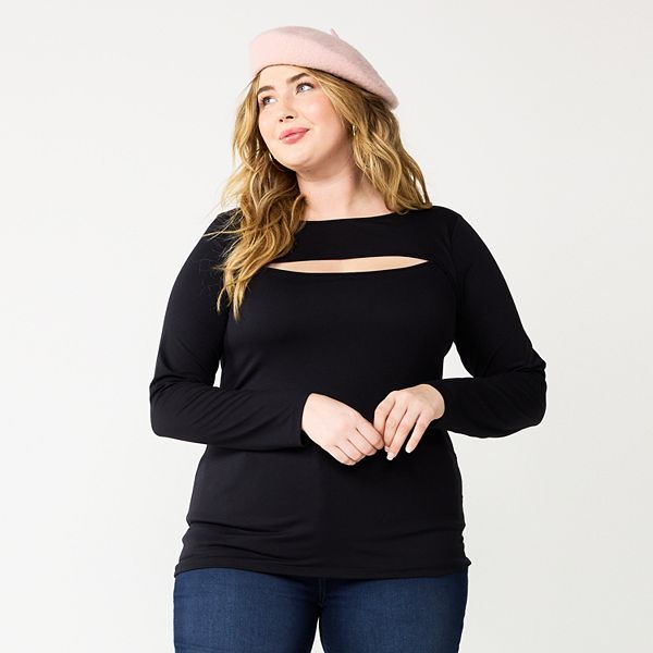 Plus Size Nine West Fitted Long Sleeve Cutout Top