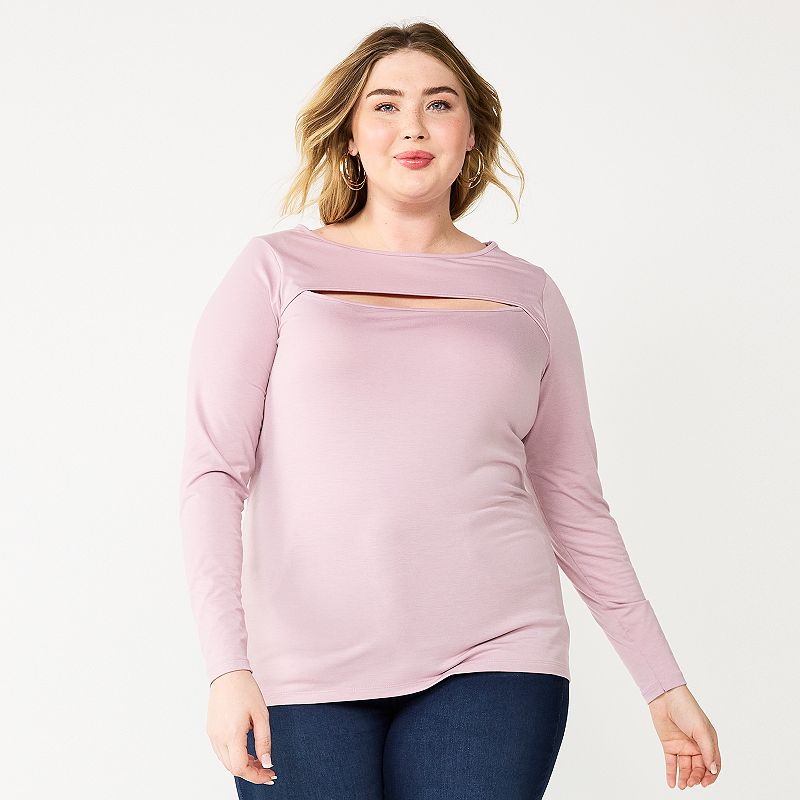 47688656 Plus Size Nine West Fitted Long Sleeve Cutout Top, sku 47688656