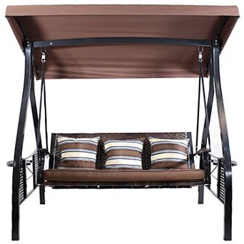 Sunnydaze 3-Person Steel Patio Swing Bench with Side Tables/Canopy