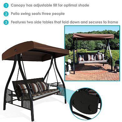 Sunnydaze 3-Person Steel Patio Swing Bench with Side Tables/Canopy
