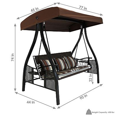 Sunnydaze 3-Person Steel Patio Swing Bench with Side Tables/Canopy