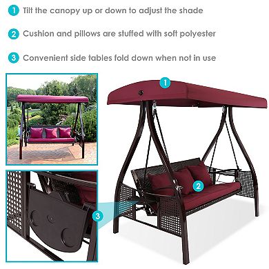 Sunnydaze 3-Person Steel Patio Swing Bench with Side Tables/Canopy - Merlot