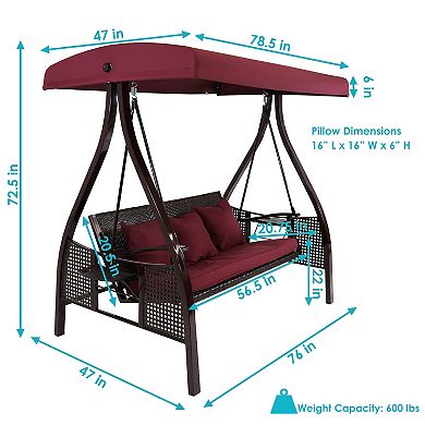 Sunnydaze 3-Person Steel Patio Swing Bench with Side Tables/Canopy - Merlot
