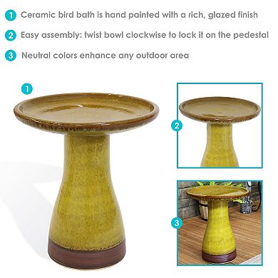 Sunnydaze Duo-Tone Outdoor Glazed Ceramic Bird Bath - 21 in - Cognac Yellow