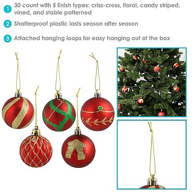 Sunnydaze Holiday Glitter 30-Piece Ornament Set - 60 mm - Red/Gold