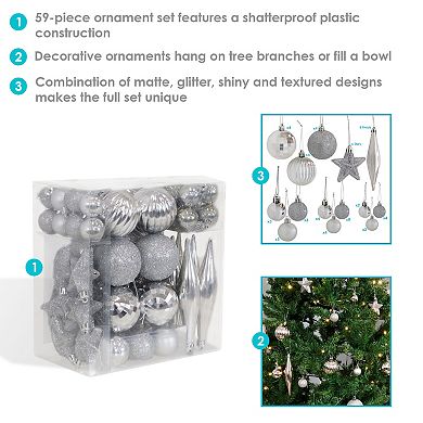 Sunnydaze Deck the Halls 59-Piece Ornament Set - Assorted - Silver