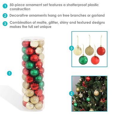 Sunnydaze Holly Jolly 50-Piece Assorted Christmas Ornament Set - 2.25 in
