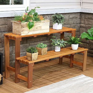 Sunnydaze 2-tier Meranti Wood Plant Stand With Teak Oil Finish - 24 In