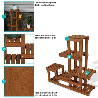 Sunnydaze Meranti Wood Multi-Shelf Plant Stand with Teak Oil Finish - 36 in