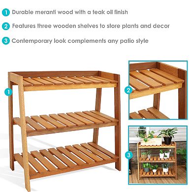 Sunnydaze 3-Tier Meranti Wood Plant Stand with Teak Oil Finish - 36 in