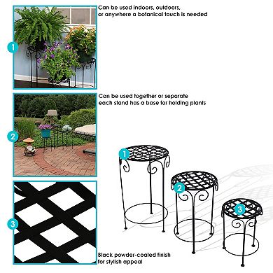 Sunnydaze 3-Piece Metal Iron Plant Stand Set with Scroll Design - Black Finish