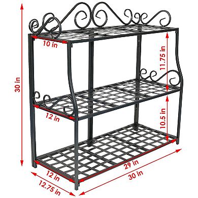 Sunnydaze Black Iron 3-Tier Plant Stand Shelf with Scroll Edging - 30 in