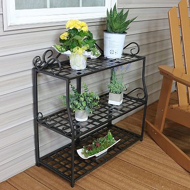 Sunnydaze Black Iron 3-Tier Plant Stand Shelf with Scroll Edging - 30 in