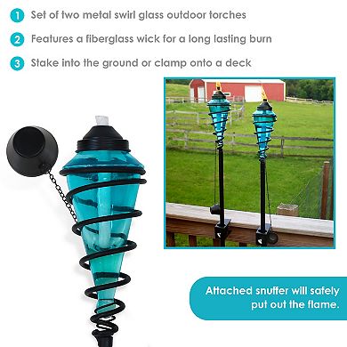 Sunnydaze Swirled Metal/Glass 2-in-1 Outdoor Lawn Torch - Blue - Set of 4