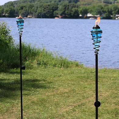 Sunnydaze Swirled Metal/Glass 2-in-1 Outdoor Lawn Torch - Blue - Set of 4