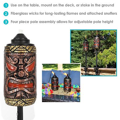 Sunnydaze Resin/Metal 3-in-1 Tiki Face Outdoor Lawn Torch - Set of 4
