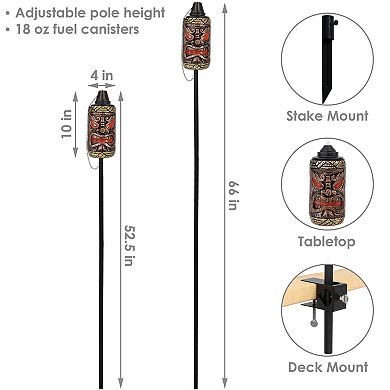 Sunnydaze Resin/Metal 3-in-1 Tiki Face Outdoor Lawn Torch - Set of 4