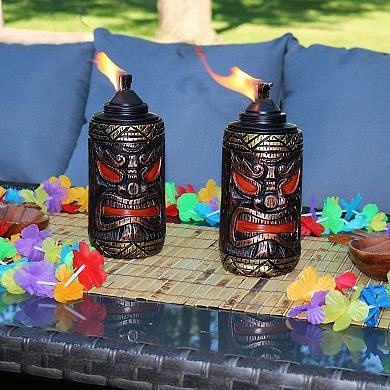 Sunnydaze Resin/Metal 3-in-1 Tiki Face Outdoor Lawn Torch - Set of 4