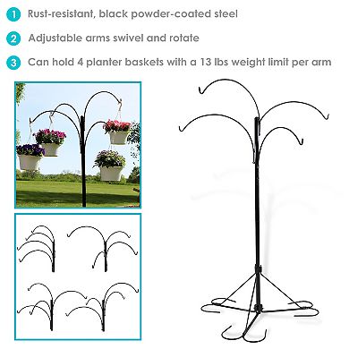Sunnydaze Black Steel Hanging Basket Stand with 4 Adjustable Arms - 84 in
