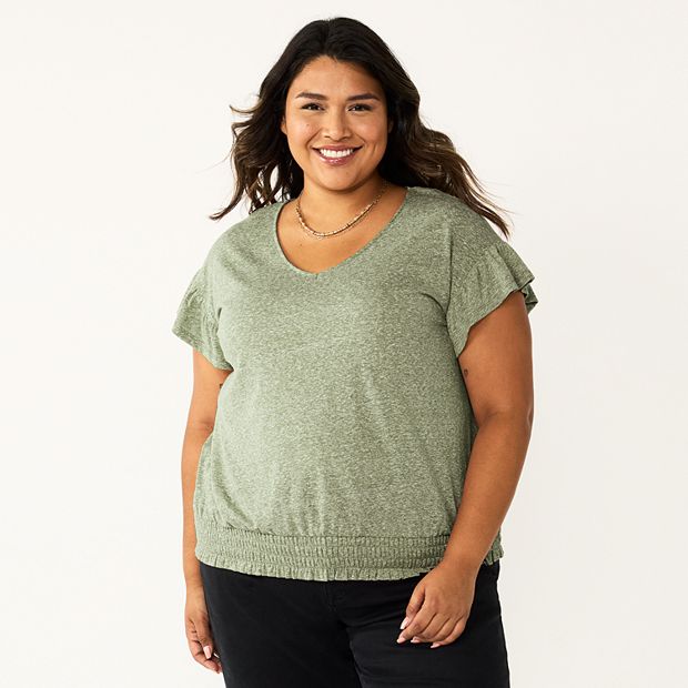 Sonoma Goods For Life Women's Plus Size 2X V-Neck Tee Olive Green