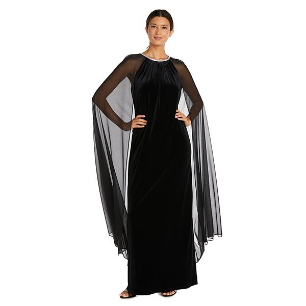 Women's R&M Richards Rhinestone Neck & Chiffon Cape Velvet Dress