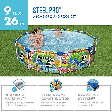 Bestway Steel Pro 9' x 26" Above Ground Round Outdoor Swimming Pool, Panda Print