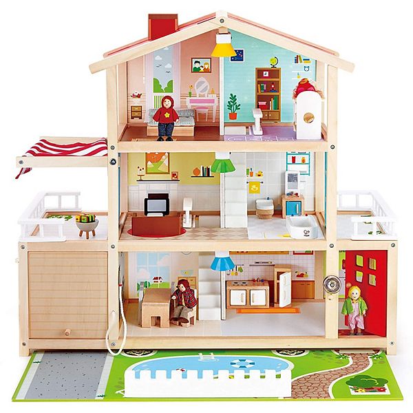 Hape Little Room Pretend Play 3 Story Wooden Doll House w/ Light, Doorbell,  & Bedroom, Bathroom, Living Room, & Dining Furniture for Kids Age 3 and Up